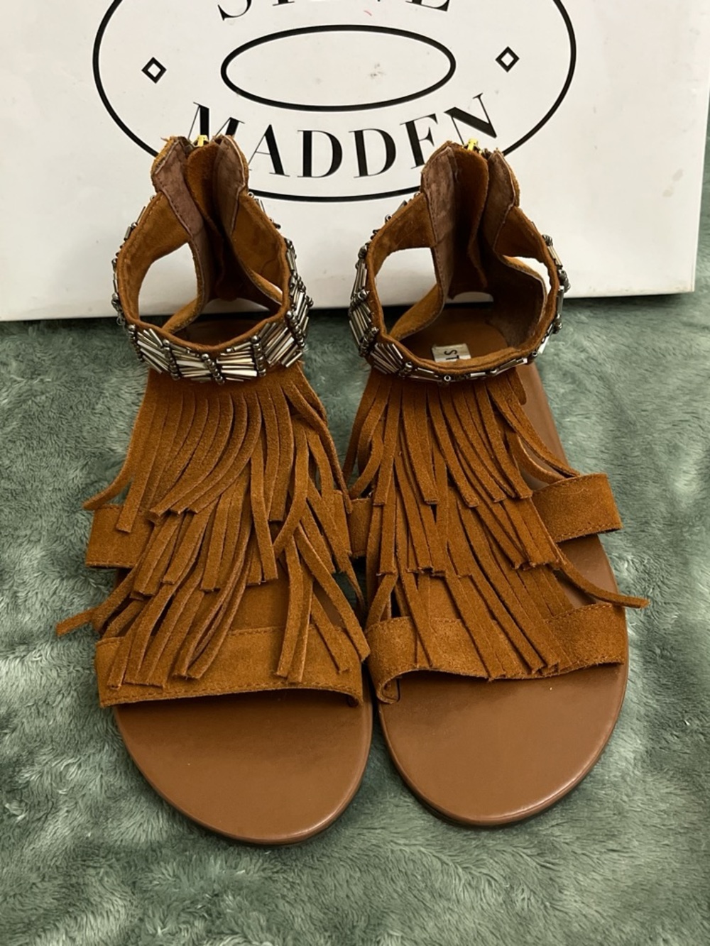 Steve Madden Tan Suede Fringe Sandals with Beaded Ankle